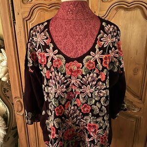 Johnny Was Burgundy Floral Embroidered Blouse